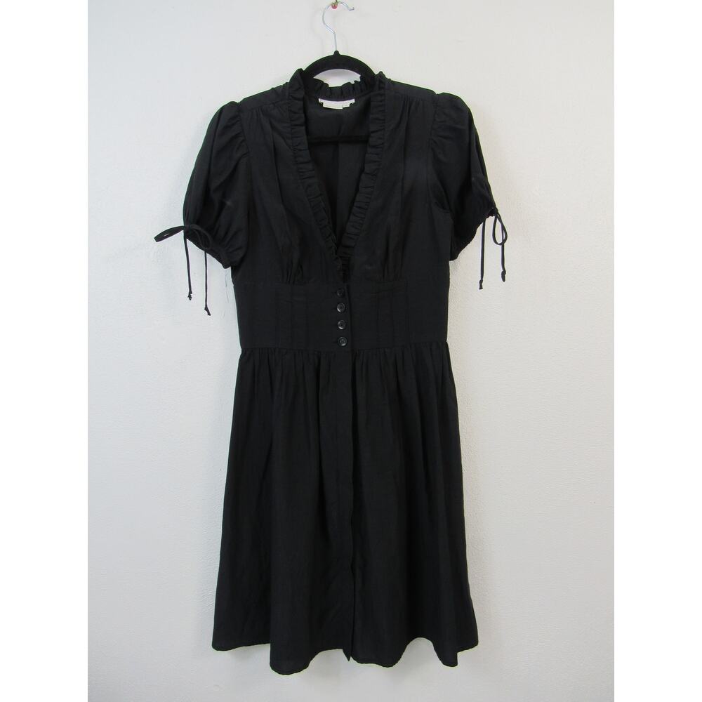 To The Max Size 6 Black Short Puff Sleeve Dress Ruffled V-Neck Button Front